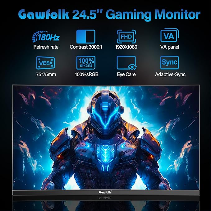 Gawfolk 25 Inch Gaming Monitor 144hz/180hz Computer Monitor FHD 1080P PC MonitorsFrameless Curved Monitors VAsRGB 100% DisplayPort HDMIEye Care Wall Mount Compatible (Black)