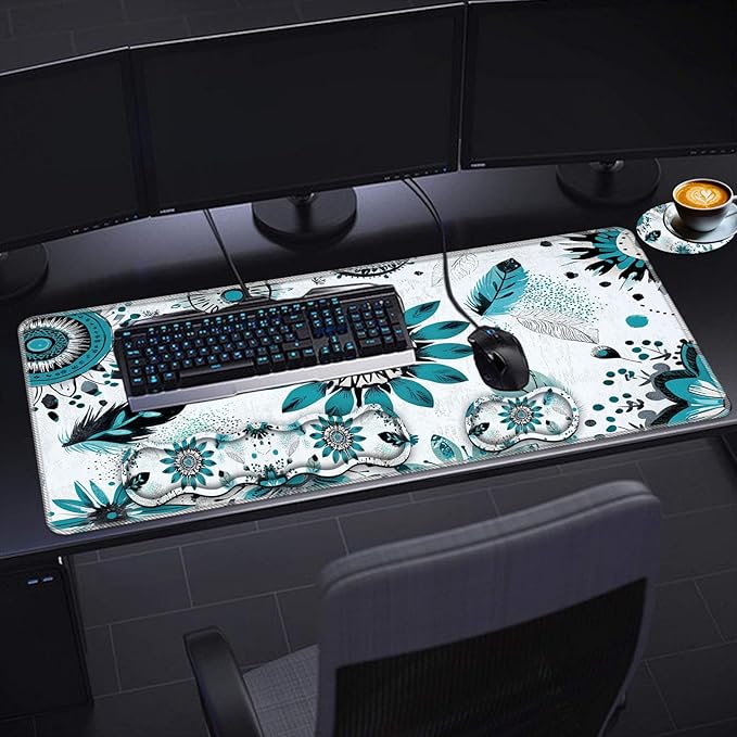 Keyboard Wrist Rest SetMemory Foam Wrist Support Mouse Pad31.5x11.8 Desk Mat for Comfortable Typing &amp Pain ReliefNon-Slip Base for Office &amp Home Use - Floral Feather