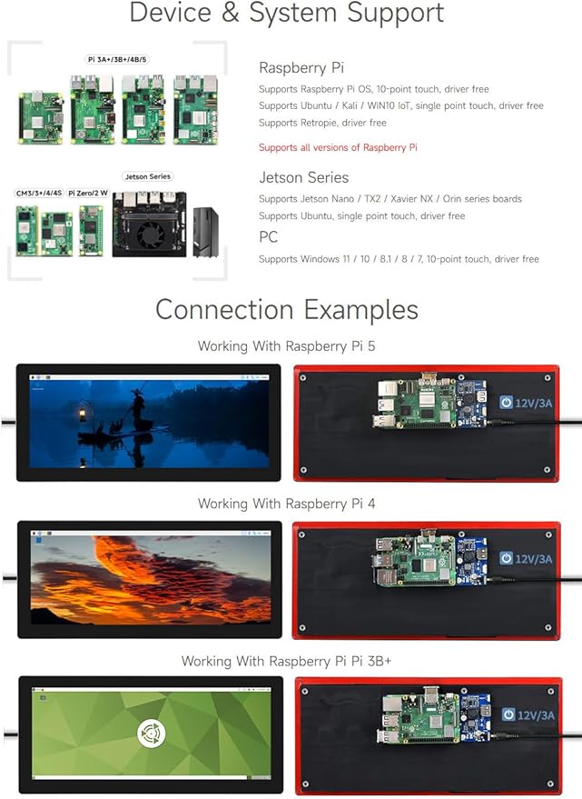 Waveshare 12.3inch Capacitive Touch Screen LCD Compatible with Raspberry Pi 5/4B/3B+/3B/2B/B+/A+/Zero/Zero W/WH/Zero 2W Series Boards 600 Cd/M²1920×720 HDMI IPS Toughened Glass Panel