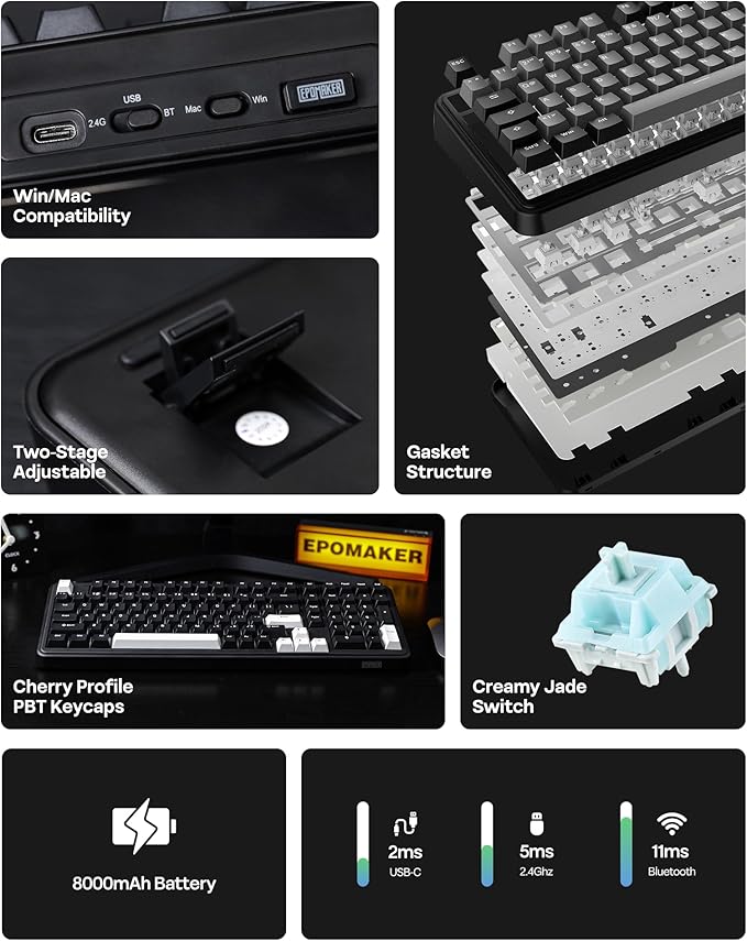 EPOMAKER TH99 Tri-Mode Wireless Mechanical Keyboard with 8000mAh Battery Hot Swappable Custom RGB Gaming Keyboard with Numpad Gasket Creamy for PC/Mac/Office (Black Creamy Jade)