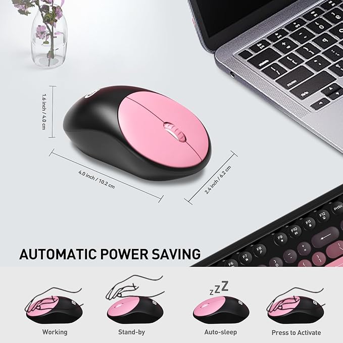 Wireless Keyboard and Mouse Combo 2.4 GHz Wireless Full-Sized Typewriter Keyboard with Round Keycaps for Windows Computer Desktop PC Laptop (Pink)