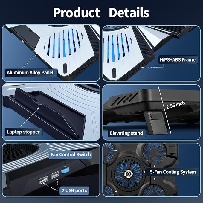 Thermoelectric Laptop Cooling Stand with 5 Fans - Adjustable Height for Laptops up to 19 Compatible with MacBook Alienware ROG &amp Gaming Laptops