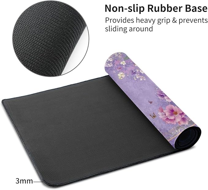 Extra Large Floral Mouse Pad‌ 48 x 24 - Beautiful Flower &amp Butterfly Design XXXL Desk Mat with Non-Slip Base Violet Mousepad Comfortable Keyboard Mat for Gaming &amp Work