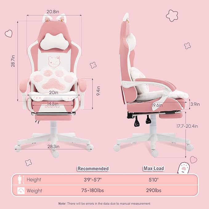 Dowinx Gaming Chair Cute with Cat Ears and Paw Lumbar Ergonomic Computer Chair for Girl with Footrest and Headrest Comfortable Reclining Game Chair 290lbs for Adult Teen Pink
