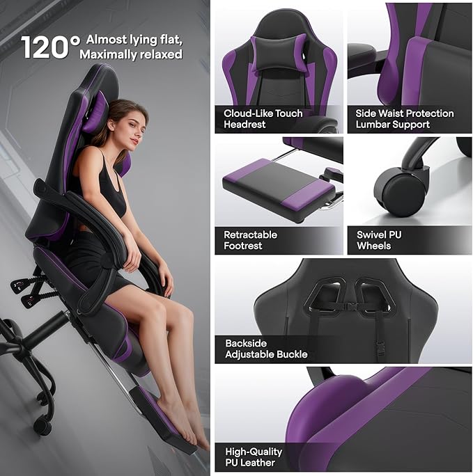 Athena Collection Gaming Chair Ergonomic Gaming Chair with Footrest &amp Headrest Lumbar Support Height Adjustable Swivel Computer Chair Office Chair for Kids Adults(Purple)