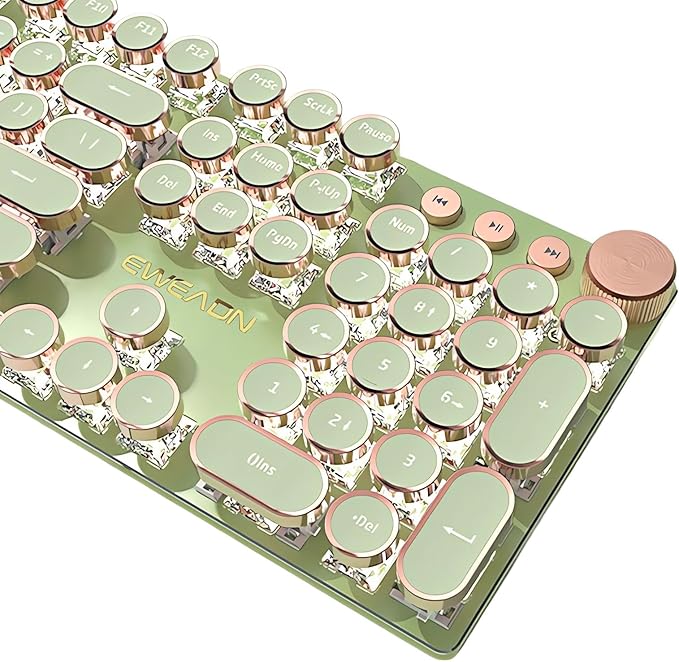 Typewriter Style Mechanical Gaming Keyboard White LED Backlit 104-Key NKRO Pink Switches Retro Round Keycaps Golden Ring Volume Knob Metal Panel Wired USB-C Detachable Cable Matcha Green