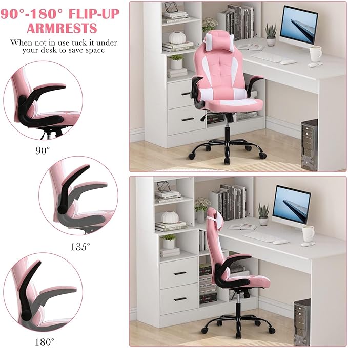 Pink Gaming Desk Chair PC Gaming Chair Gamer Chair Comftorable Ergonomic PU Leather Computer Office Chair with Lumbar Support Flip Up Arms High Back Executive Gaming Stuff for Girl Kids Adults
