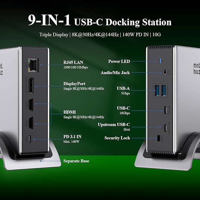 USB C Docking Station Minthouz PD3.1 Docking Station 3 Monitorswith 4K@144Hz 2*HDMI+DP 140W PD ChargeUSB-C 10Gb2*USB-A 5Gbps Gigabit Ethernet Audio/Mic for Chrome OS &amp Windows