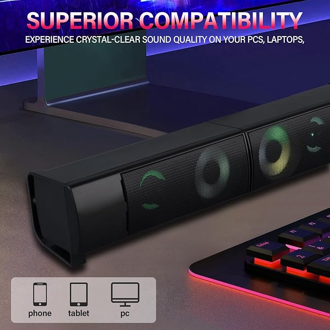 2-in-1 Wired Computer Speakers Designed for Desktop Devices USB Plug-and-Play RGB Lighting Wired Desktop Speakers