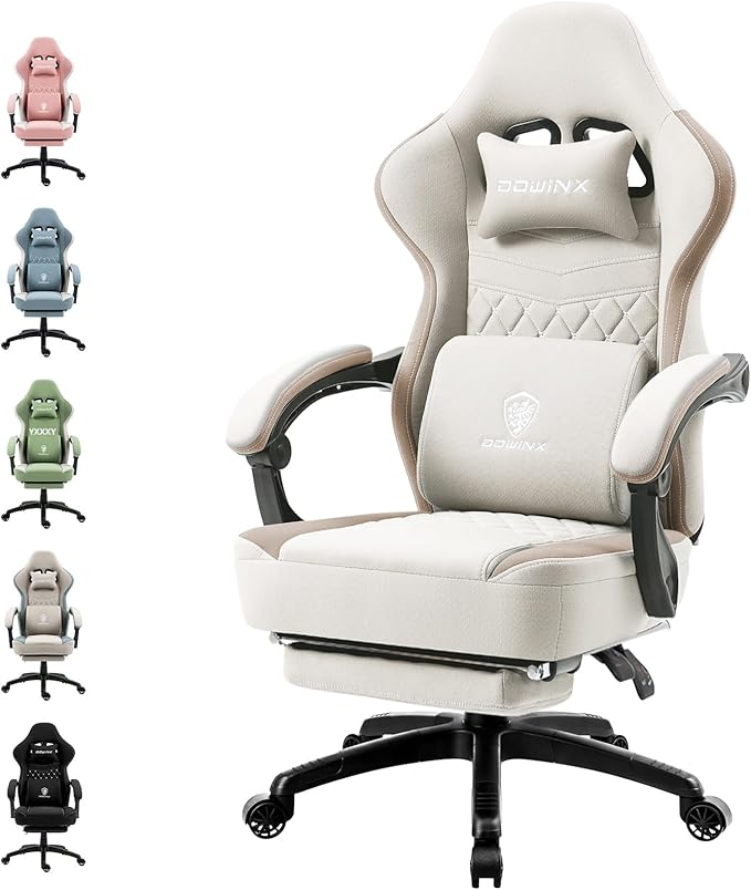 Dowinx Gaming Chair Breathable Fabric Game Chair with Gel Pad and Storage Bag Comfortable Gamer Chair with Pocket Spring CushionErgonomic Computer Chair with FootrestBeige