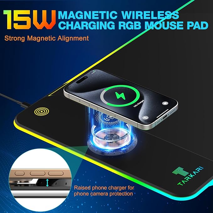 TARKARI Magnetic Wireless Charging RGB Mouse Pad Large Gaming Desk Mat Waterproof 31.5x11.8 Black Mousepad Ultra-Smooth Surface Non-Slip Rubber Base Desk Pad for Keyboard Laptop