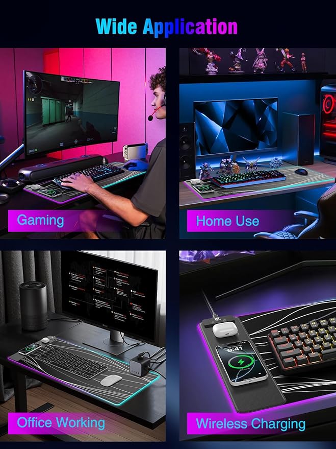 Mouse Pad with Magnetic Wireless Charging Large Desk Pad Protector RGB Black Mousepad Desk Mat with 15W Fast Charger 4mm Thick Non-Slip Waterproof Laptop Writing Pad for Office Home Gaming