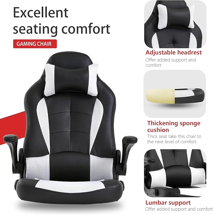 Gaming Chair High Back Computer Chair Egonomic Office Chair PU Leather Video Game Chairs Swivel Executive Chairwith Flip Up Arm Headrest Racing Chairs Rolling Chair for Adults White