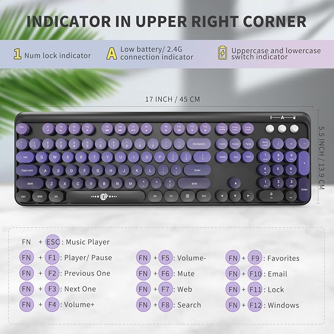 Wireless Keyboard and Mouse Combo 2.4 GHz Wireless Full-Sized Typewriter Keyboard with Round Keycaps for Windows Computer Desktop PC Laptop (BlackPurple)