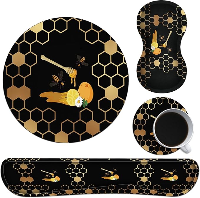 Keyboard Wrist Rest Pad Mouse Pad and Mouse Wrist Support Plus Cup Coaster for Gaming and Office Comfortable for Easy Typing and Pain Relief Honeycomb Bee