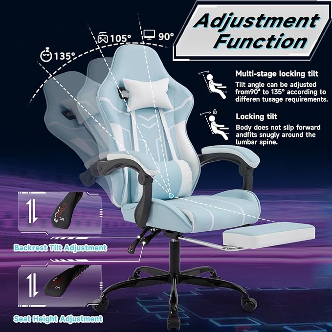 Blue Gaming Chair Ergonomic Computer Chair with Footrest ＆ Lumbar Support Height Adjustable Game Chairs with 360°-Swivel Seat and Headrest for Adults Office