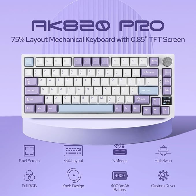 EPOMAKER Ajazz AK820 Pro 75% Wireless Mechanical Keyboard with TFT Smart Display&ampKnob Gasket-Mounted Gaming Keyboard BT/2.4GHz/USB-C Wired (Purple Flying Fish Switch)