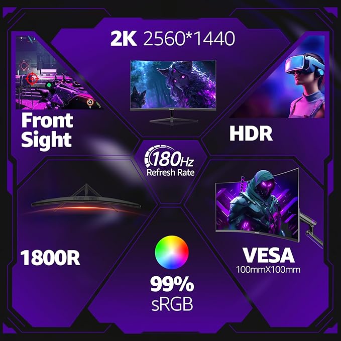 Gawfolk 32 Inch Curved Gaming Monitor 180Hz QHD (2560x1440) 2K Computer Monitor with FreeSync DisplayPort HDMI Wall Mountable Eye Care for Home Office &amp Gaming