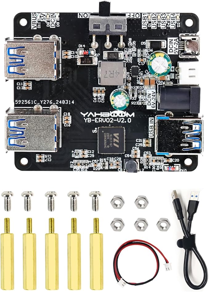 Yahboom 4 Port USB 3.0 Hub for Raspberry Pi Jetson Nano ROS Robot Compatible with USB 3.0/2.0/1.1 Driver-Free Plug&ampPlay Onboard External USB-A5V (Micro-USB)9~24V Power Port for High-Power Dev