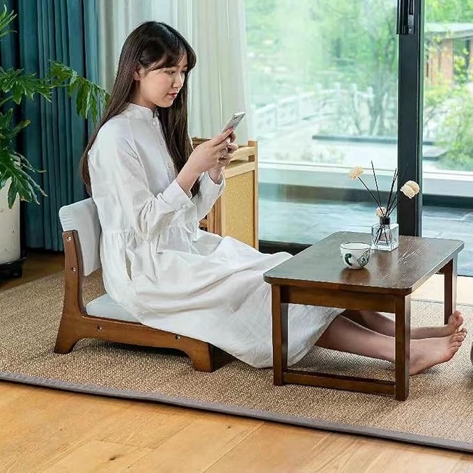 ELEFOCUS Japanese Floor Chair with Back SupportLow-Back Meditation Floor Seat with Soft CushionPortable Timber Armless Tatami Chair(Grey Cotton a)