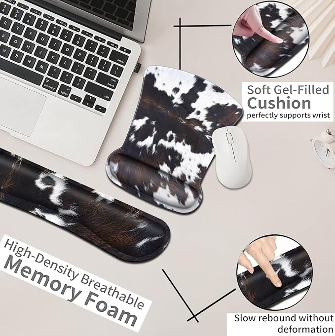 Keyboard Wrist Rest and Mouse Pad with Wrist Support Ergonomic Mouse Pad Coaster Easy Typing Pain Relief Mousepad Set Memory Foam Keyboard Wrist Rest Cowhide Brown Black Cow