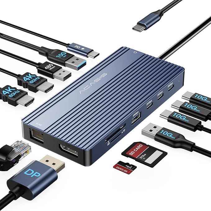 USB C Hub 14-1 USB C Docking Station Dual Monitor with 2 HDMI+DP(4K60Hz) Ethernet 3 USBC 10Gbps100W PD SD/TF 3.0 Audio Laptop Docking Station for MacBook/Dell/HP/Lenovo ThinkPad/Surface (Grey)