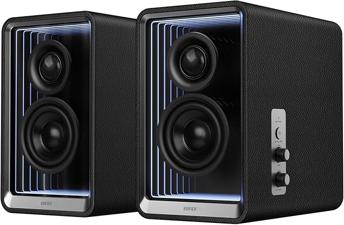 Edifier QR65 Desktop Active Monitor with 2.75 Long-Throw Aluminum Diaphragm mid-Low Drivers Hi-Res Audio Brilliant Light Effects 70W Output Power Bluetooth Speakers with Stands - Black