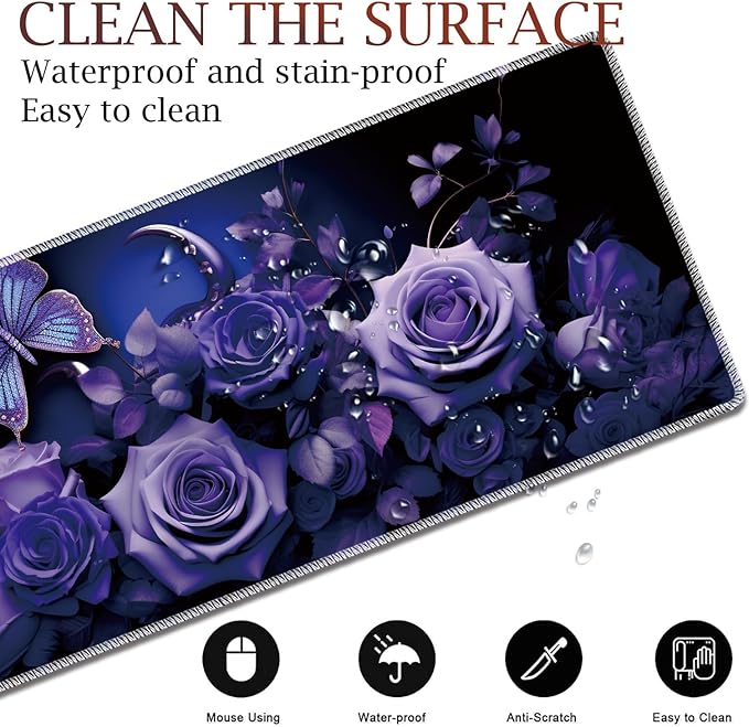 Large Gaming Table Pad 31.5 x 11.8 + Keyboard Wrist Pad + Mouse Wrist Pad + Coaster Non-Slip Base 4-in-1 Set Ergonomic Memory Foam Easy Typing Pain Relief Purple Roses and Butterflies