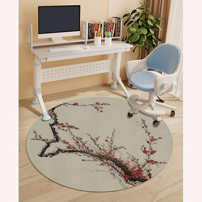 Burgundy Black PU Leather Chair Mat for Hardwood Floor &amp Tile Floor Nature Cherry Branches Flowers Anti-Slip Low Pile Under Desk Rug Large Floor Protector Apartment Decor Diameter 39.4 in