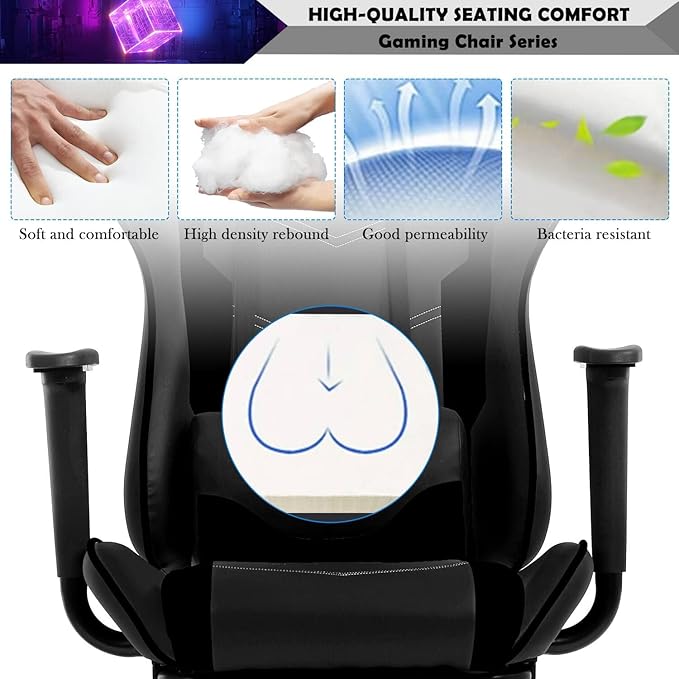 Massage Gaming Chair with Footrest - Ergonomic PC Office Chair with Lumbar Support Headrest Armrest - High Back PU Leather Recliner Heavy Duty Swivel Gamer Chair Black