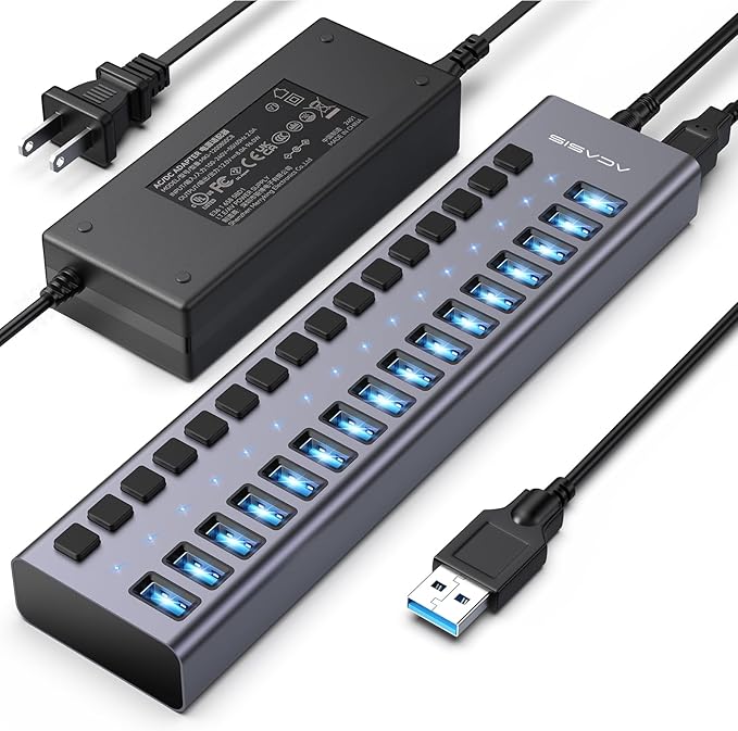 Powered USB 3.2 Hub ACASIS 16 Ports USB 3.2 Hub with 10Gbps Data SpeedAluminum Housing USB Hub Powered with 96W Power Adapter USB Hub for PC/Laptop Computer Flash Drive Printer Camera