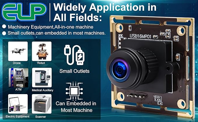 ELP 16mp Wide Angle USB Camera for Computer 180degree Fisheye Lens Webcam Board Mini UVC USB2.0 4K Video Lightburn Camera Modulewith 3.3ft/1m Cable for Laptop PC Raspberry Pi Jetson Nano