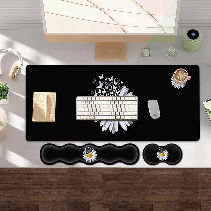 Ergonomic Keyboard Mouse Pad Wrist Rest Support Set Extended Gaming Mouse Pad Large XXL Mousepad + Memory Foam Wrist Rest Waterproof Office Desk Mat Writing Pad White Daisy Flowers Black Mousepad