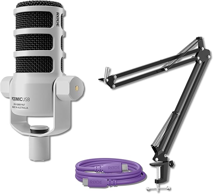 Rode PodMic USB White Dynamic Broadcast Microphone with Rode SC27 Purple USB-C to USB-C Cable and StreamEye Adjustable Boom Arm