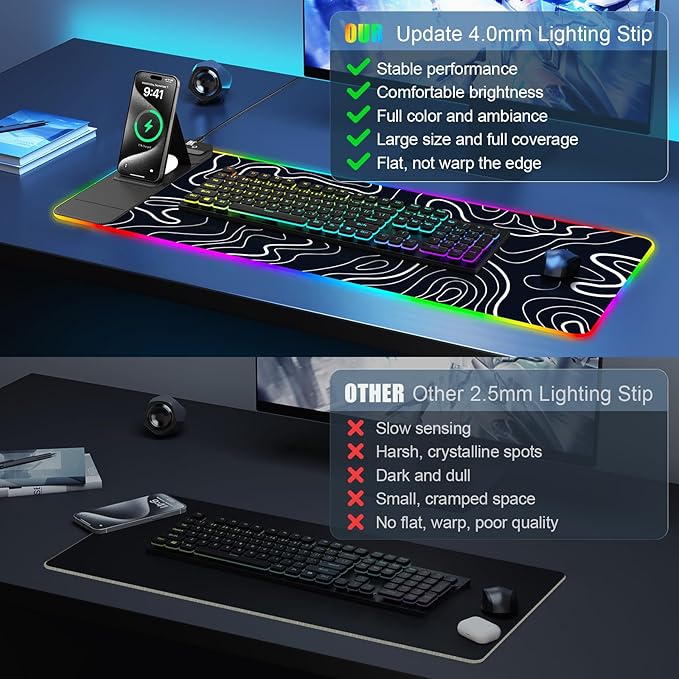 RGB Mouse Pad with Foldable Phone Stand &amp Wireless Charger 31.5x11.8 XL Gaming Mousepad Large Desk Mat Desk Pad with Dual Charging for Phone &amp AirPods | 11 Colors &amp 5 Modes | Waterproo