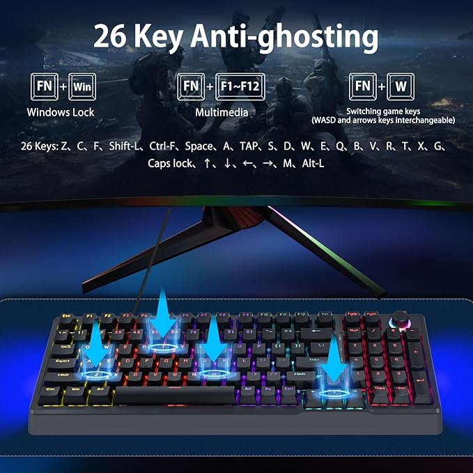 HUO JI Mechanical Gaming Keyboard Wired 17 LED Backlit Modes Liner Red Switch Volume Knob Anti-Ghosting Double-Shot Shine Through Keycaps 96% Light Up Keyboard for PC Mac