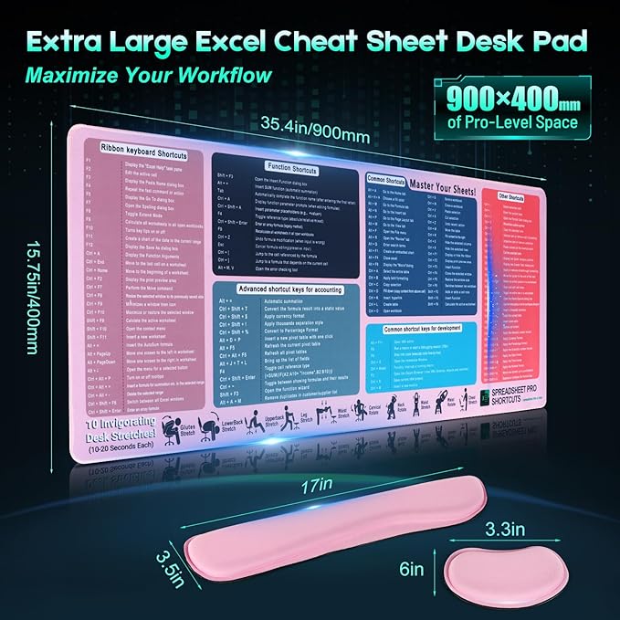 Excel Cheat Sheet Mouse Pad Set | 3-Piece XXL Ergonomic Desk Mat with Wrist Rest for Office &amp Gaming(Blush)