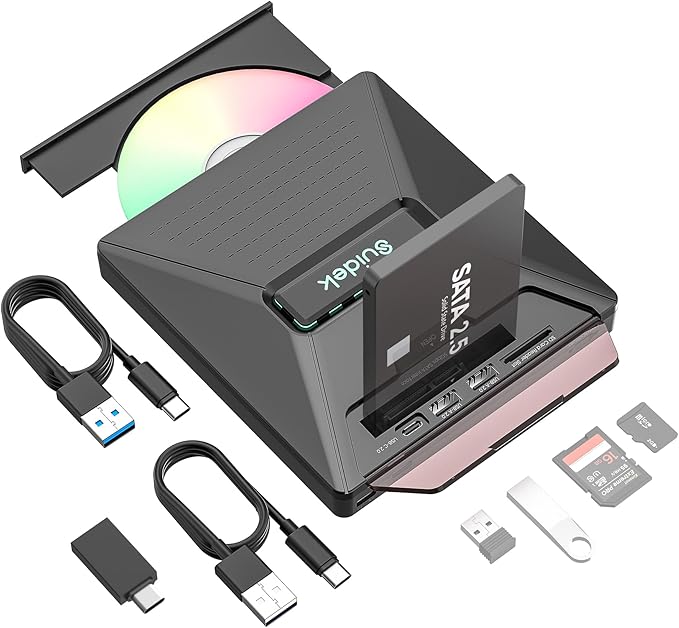 CD DVD Drive External Portable CD DVD Driver +/-RW Burner with 2.5 SATASD Card Reader and USB A Type C 2.0 Hub Compatible with Laptop PC