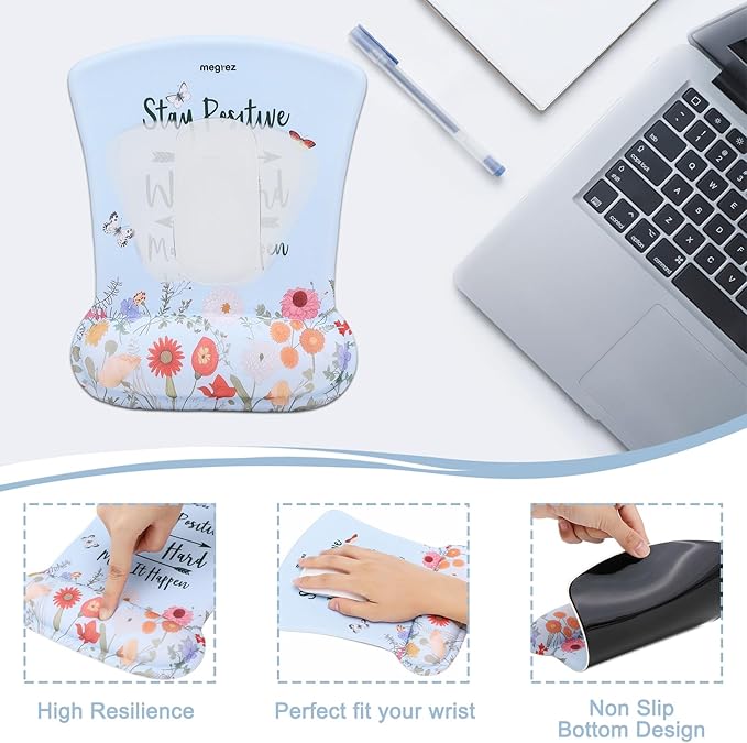 MEGREZ 4-in-1 Ergonomic Memory Foam Wrist Rest Set Desk Pad Mouse Pad with Wrist Rest Keyboard Pad Suitable for Office Workers Programmers &amp Gamers–Relieve Typing &amp Gaming Fatigue Light
