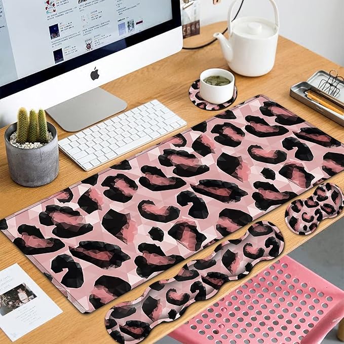 Extended Gaming Mouse Pad 31.5x11.8 Big Desk Mat Ergonomic Memory Foam Keyboard Wrist Rest Support for Home Laptop Office Desk Pad with Non-Slip BaseAbstract Pink Leopard Print Large Mouse Pad