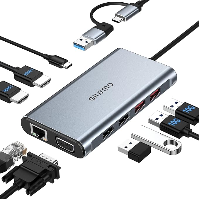 USB Docking Station Dual Monitor GIISSMO 9-in-1 USB A 3.0 / USB C Docking Station Triple Monitor with 2 HDMIVGA 10Gbps USB 3.1 Gigabit Ethernet Triple Display for Mac &amp MacBook &amp Windows