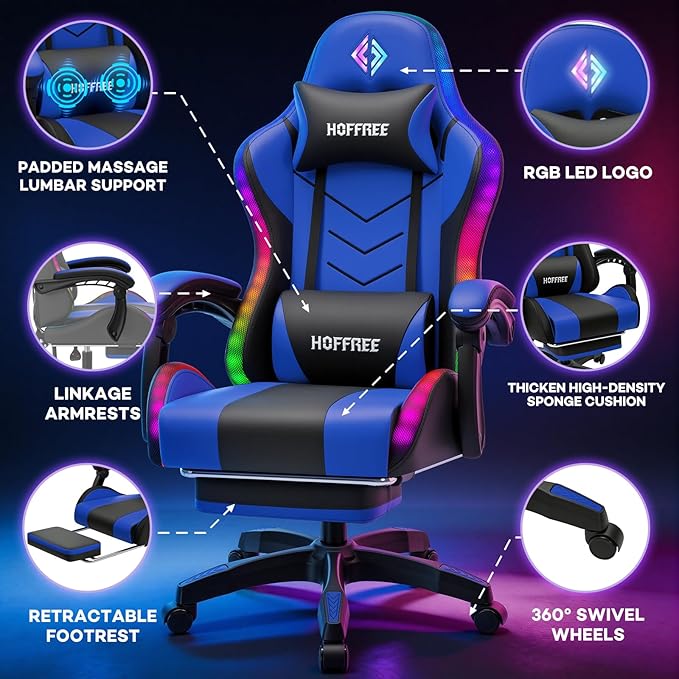 HOFFREE RGB Gaming Chair with Rhythm LED Lights and Speakers Massage Computer Chair with Footrest Music Video Game Chair High Back with Lumbar Support Blue