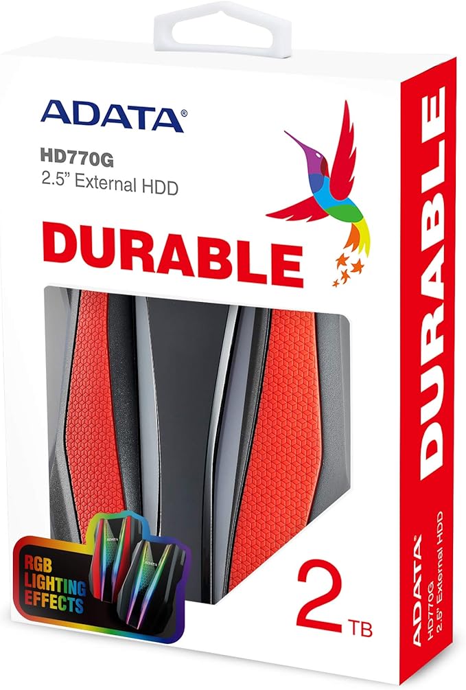 ADATA Durable Series HD770G RGB 2TB Red External USB 3.1 Portable Hard Drive Compatible with Xbox and PS4 (AHD770G-2TU32G1-CRD)
