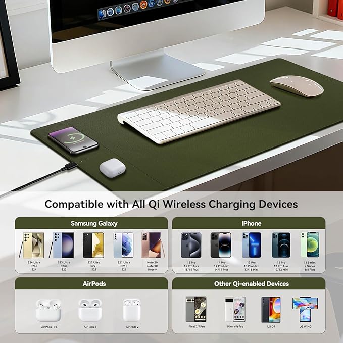 Wireless Charging Mouse Pad 15W Fast Charge Magnetic Charger Desk Pad Large Office Desk Mat (35.4x16.9) with Ultra-Smooth Surface Military Green Computer Mousepad for MacBook PC Laptop