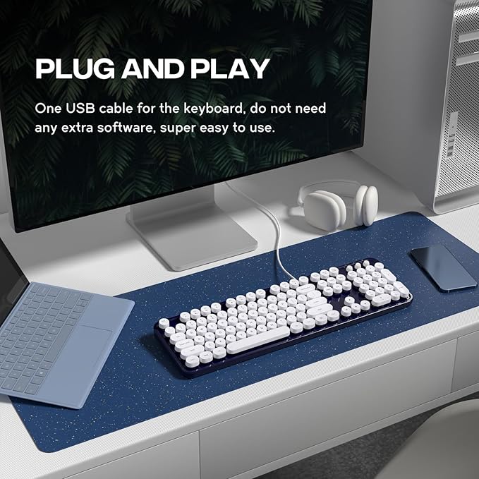 Computer Keyboard Wired Plug Play USB Retro Round Typewriter Keyboard Full Size Wired Keyboard with Foldable Stands for Laptop and Office PC