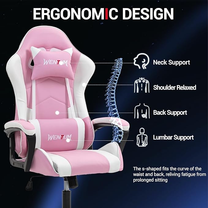 Gaming Chair PU Leather Massage PC Video Game Chair with Lumbar Support for Men Women Home Office Height Adjustable Ergonomic High Back Pink