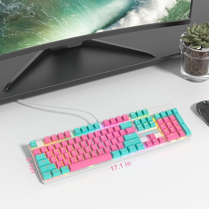 RGB Pink Gaming Keyboard 104-Key Wired Mechanical Keyboard with Number Pad Linear Red Switch NKRO Full Size for Windows Laptop PC Gamer