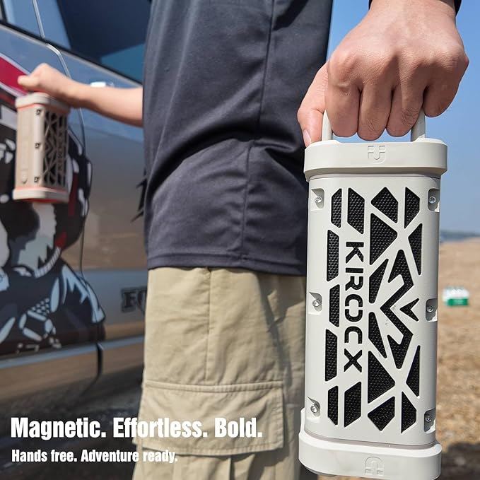 TRAVOR All-Aluminum Magnetic Outdoor Speaker Rugged Metal Body Portable Wireless Speaker 45W Deep Bass IP68 Waterproof BT TWS Pairing for Camping Golf Cart &amp Beach (Cloud Dancer Metallic)