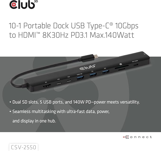 Club 3D Portable Docking USB-C -&gt2xUSB-C/3xUSB-A/HDMI/SD 140W Retail