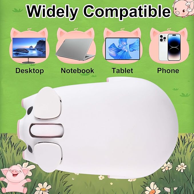 Wireless Bluetooth Mouse Cute Animal Pig Shape Dual Mode Kawaii Silent Portable Lightweight 3-Button 1200DPI Wireless Mouse Battery Powered Gift for Kids Boys Girls for PC Laptops Tablets (White)